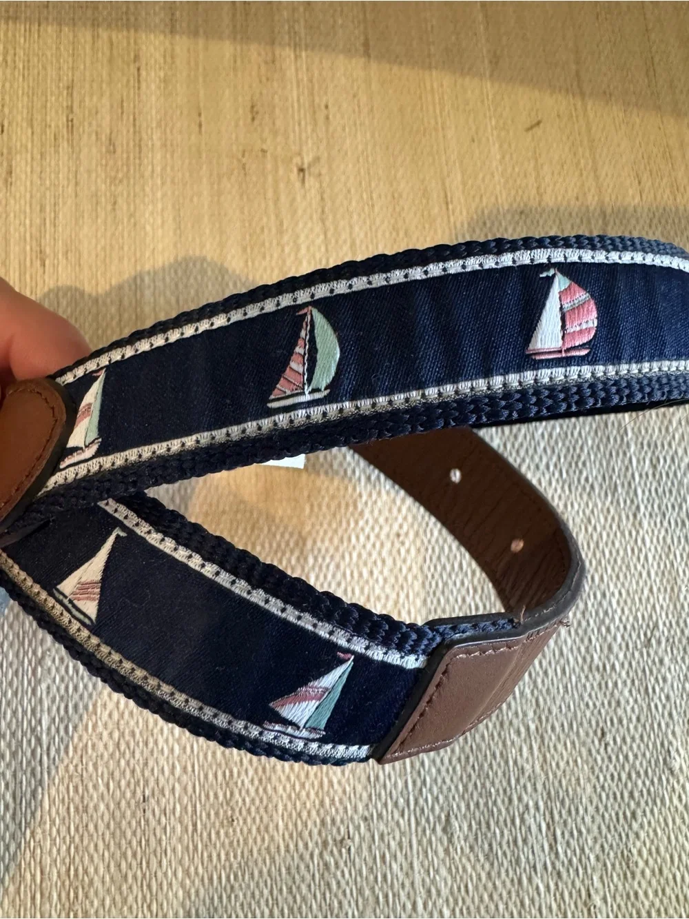 Janie and Jack Navy Sailboat Ribbon Belt with Brown Leather Accents 2t to 3